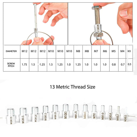 Precision Nut and Bolt Thread Checker Tool with 28 High-Quality Male and Female Gauges for 15 Standard Inch and 13 Metric Sizes, showing 13 metric thread sizes.