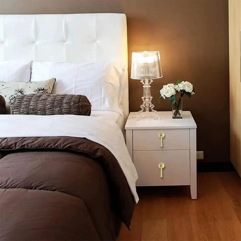 Bedroom with white nightstand featuring Two Pieces Brass Tear Drop Cabinet Knob Pulls Pendant Antique Style Gold Hardware For Cabinets Drawers Dressers And Furniture With 2 By 0.64 Inches Length And 0.92 Inch Diameter Gasket.