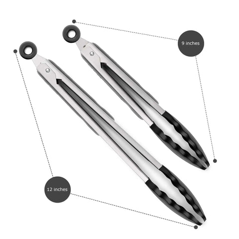 Two Pack Black Kitchen Tongs Set Pro Grade Silicone BPA Free Nonstick Stainless Steel BBQ Grilling Tongs With Locking Mechanism 9 Inch And 12 Inch