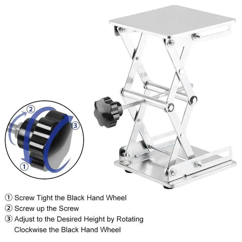 Image of a 6x6 Lab Scissors Jack Stainless Steel Lift Platform 75-260 mm Adjustable Height with a black adjustment knob.