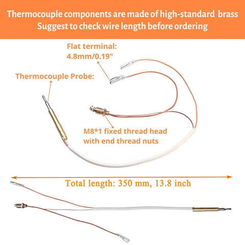 IDEASURE patio heater thermocouple replacement kit with two copper wires, brass probe, M8 threaded head, 13.8 inches long