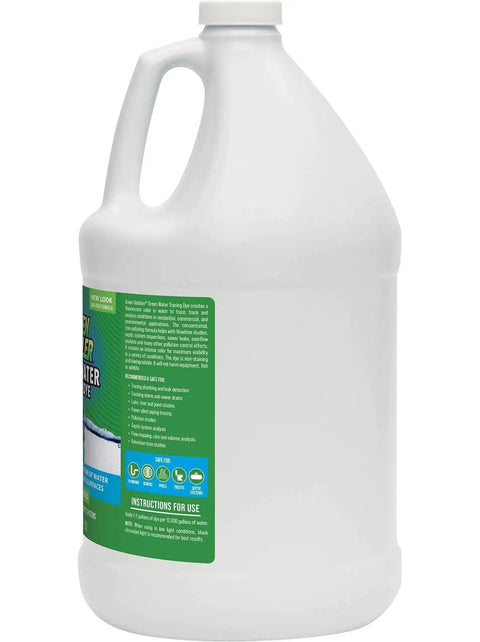 Side view of a gallon bottle of Fluorescent Green Water Tracing Dye For Leaks And Flow Analysis In Pools, Toilets, Sewers, And Septic Systems.