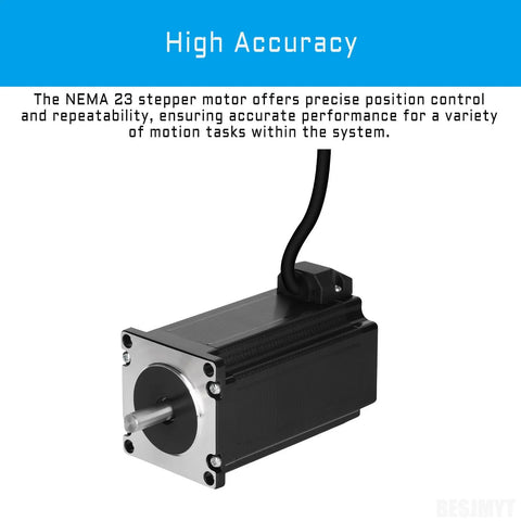 BESJMYT 57 NEMA 23 stepper motor, black aluminum housing with silver front face and shaft, with attached wiring cable