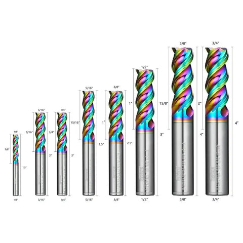 Pro Grade DLC Coated Carbide End Mills Set For CNC Machining Eight Piece Range From One Eighth To Three Quarters Inch For Aluminum