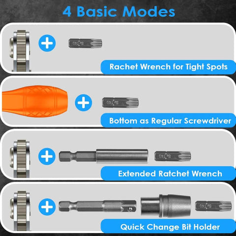 133In1 Mini Ratchet Wrench Screwdriver Bit Set with four modes displayed, including quick change bit holder.