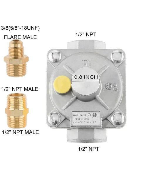 Half Inch Gas Pressure Regulator For Natural Gas And LPG Interchange With Inlet And Outlet One Half Inch NPT Includes Two Brass Adapters