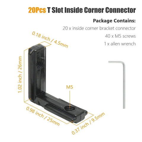 20 Pcs T Slot Inside Corner Connector With Screws For 2020 Series Aluminum Extrusion Black Gusset L Bracket product with Allen wrench