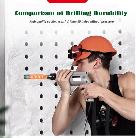 Worker using Pro Grade Orange Hex Shank Dry Diamond Core Drill Bit Set 5mm with storage bottle on marble wall