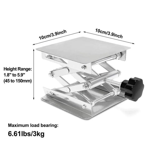 Stainless Steel Lab Jack Scissor Stand 4x4 Platform With Adjustable Height, side view showing 10cm platform and adjustment knob.
