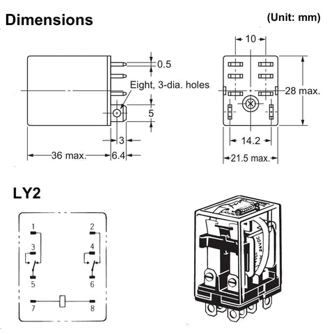 Technical diagram of Pack Of 2 Dope General Purpose Power Relay With DPDT Contacts 10A Load 24VAC Coil and dimensions.