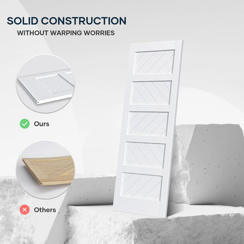 White 30x84 Inch Sliding Barn Door With 5.5 Ft Hardware Kit Included Solid MDF Slab With Waterproof Scratch Resistant PVC Surface DIY Easy Install Space Saving 5 Panel Door For Home And Apartment Renovations shown leaning on a white geometric shape.