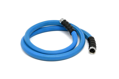 Blue rubber garden hose, 3/4 inch by 6 ft, with metal fittings and black protective grip.