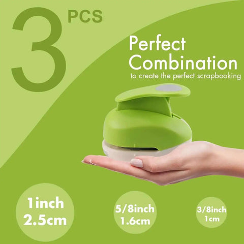 Hand holding Grab And Go Three Size Circle Hole Punch Set for Scrapbooking and Card Making with 1 inch, 5/8 inch, 3/8 inch sizes