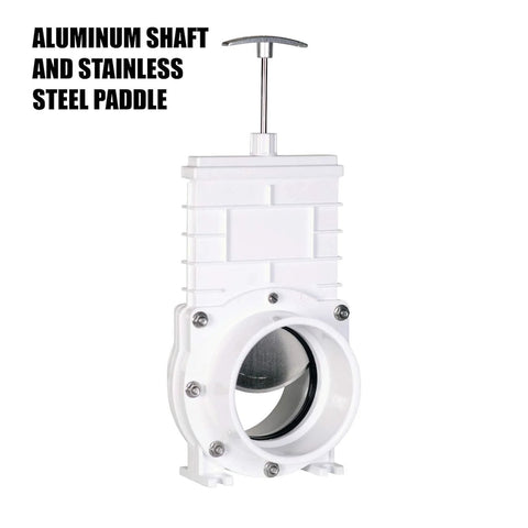 Valterra 4-inch PVC gate valve with slip hub fittings, aluminum shaft, stainless paddle, white body.
