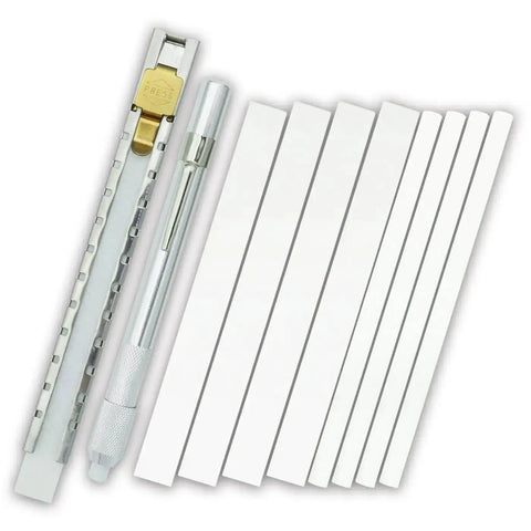 Flat And Round Soapstone Holder Set For Welders With 10 Replacement Refills, showing flat and round aluminum holders with chalk refills.