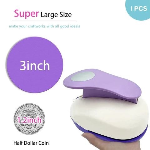3 Inch Circle Punch For Paper Crafting Large 75mm Hole Punch For Cardstock Scrapbooks Greeting Cards Gift Wrapping And DIY Projects In Purple And White, shown held in hand