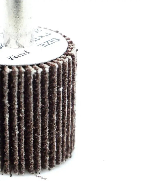 Close-up view of the Aluminum Oxide Flap Wheel 1 Inch, 60 Grit for Deburring Sanding Grinding and Paint Removal, with shank.