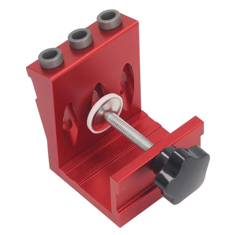 Red aluminum alloy hole jig system for woodworking DIY projects with 3 step drill bits, side view with adjustable clamp.