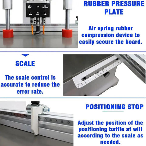 Pro Grade Pneumatic Hinge Boring Insertion Machine with rubber pressure plate, scale, and positioning stop for woodworking.