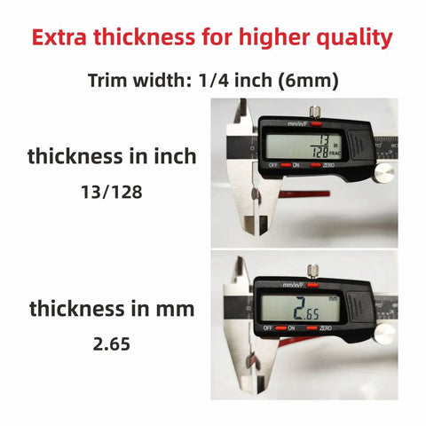 Digital caliper measuring Universal Car Exterior And Interior Molding Trim Self Adhesive PVC Strip thickness in inches and mm.