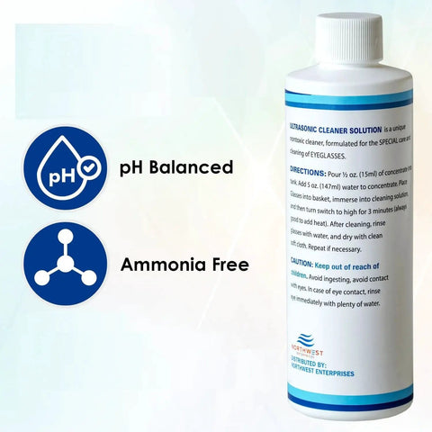 Eyeglasses Ultrasonic Cleaning Solution Concentrated For Sonic Machines 32oz bottle with pH balanced and ammonia-free labels