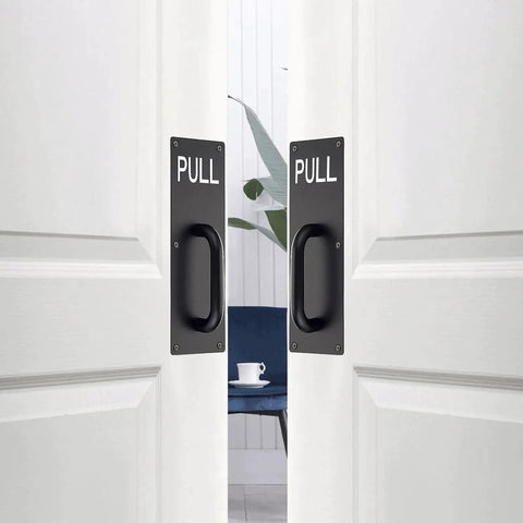 Two Sets 12 Inch Stainless Steel Door Handles For Wall Mounted Push Pull Plates With Screws, Rust Resistant And Durable Black Finish installed on white doors