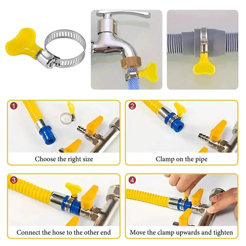 Adjustable 30-Piece Stainless Steel Hose Clamps Set For Automotive And Plumbing showing installation process with plastic handle key type design