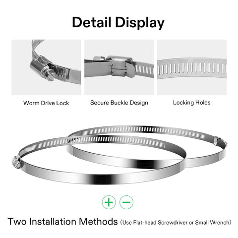VIVOSUN stainless steel air duct clamps, adjustable 4/6/8/12 in, worm-drive with locking holes; two install methods.