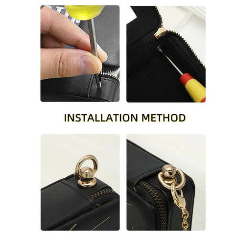 Installation method of Solid Brass Ball Stud Rivets With D Ring 360 Rotatable Head For Leather Purses, shown on purse