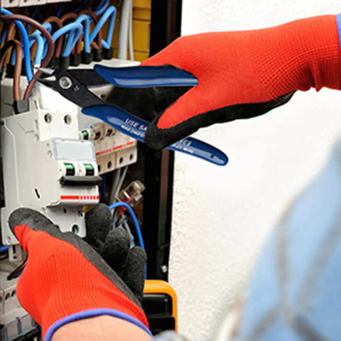 Person using 2 Pc Dark Blue Wire Cutter Set With Flush Cutters And Diagonal Pliers For Electronics Repair Jewelry Making DIY Projects on wiring.