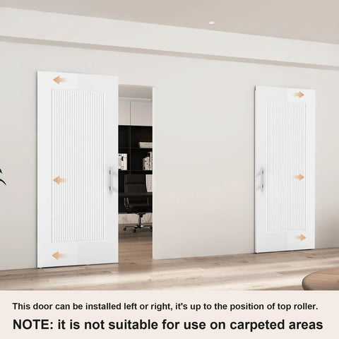 Installed 36x84 Concealed Barn Door With Soft Close Hardware Kit in a living room, showing the 1 Panel Reeded design.