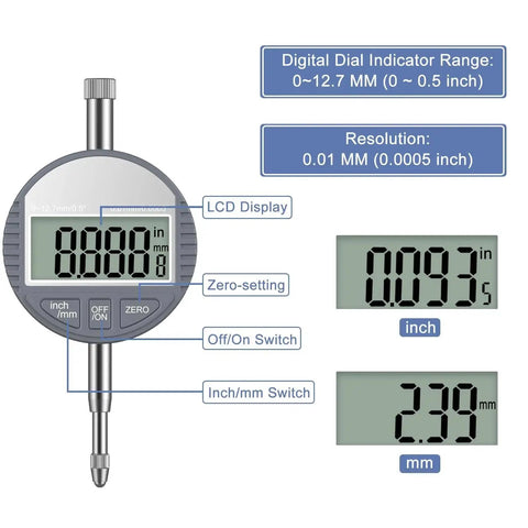 Digital Bore Gauge Set With LCD Dial Indicator for cylinder measurement showing size, range, and resolution details.