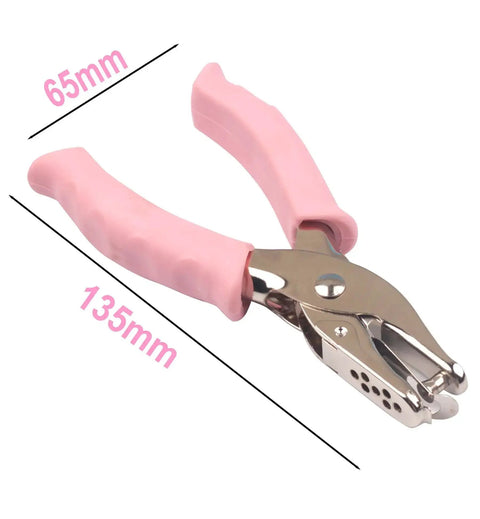 One Quarter Inch Circle Hole Punch, Metal Handheld Paper Punch With Soft Grip Handle in Pink, dimensions shown 65mm by 135mm