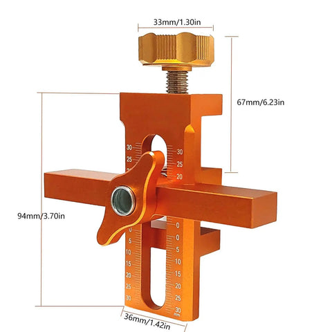 All Purpose Aluminum Cabinet Door Mounting Jig With Adjustable Positioner in bright orange, side view with measurements.