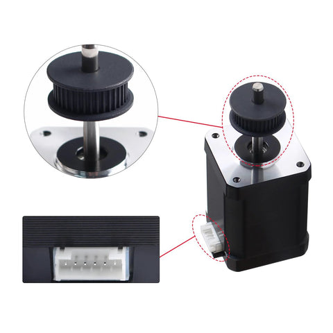 NEMA 17 stepper motor with belt pulley for 3D printer X-axis; black body, silver shaft, white 4-pin connector visible