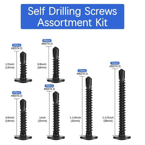 210Pcs Sheet Metal Screws Kit With Self-Tapping And Self-Drilling displayed with six sizes labeled from half inch to one and a half inch.