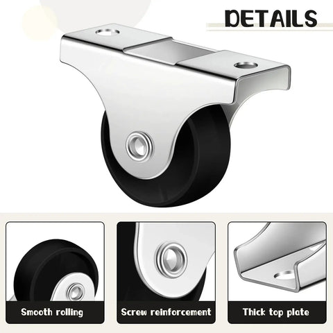 Close-up of 24 Pieces 1 Inch Small Fixed Castor Wheels with Metal Top Plate for Furniture and Small Appliances Rigid Non Swivel Casters Heavy Duty Black Wheels Include 48 Screws for Easy Replacement showing the metal top plate and wheel features.