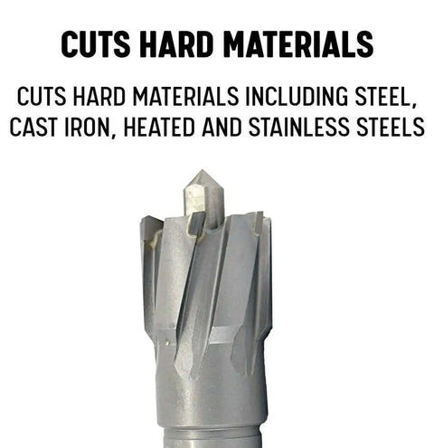 Carbide Tipped Annular Cutter Five Eighth Inch By One Inch For Fast Efficient Metal Hole Drilling With Three Quarters Inch Weldon Shank And Flats For Easy Indexing Fits Magnetic Drill Presses Drill America CTC Series, front view