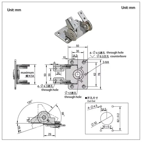 Front view of Amazon 304 stainless steel damping dual-axis torque hinge display base for automation equipment