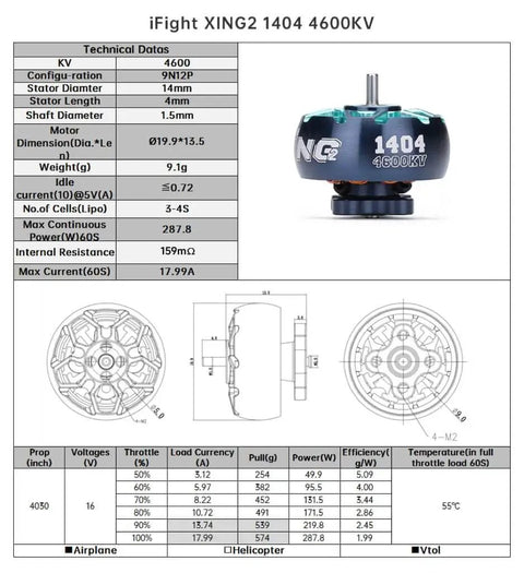 XING2 1404 FPV Brushless Motor 4600KV specs and design for 3S4S toothpick racing drones, technical data sheet view.