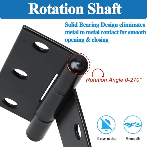 Close-up of the 3 Inch Barn Door Hinges 8 Pack Black T Hinges 6Hole 270 Open Angle Weatherproof for outdoor use.