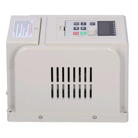 Front view of a gray variable frequency drive (VFD) 2.2 kW with control panel and vent slots