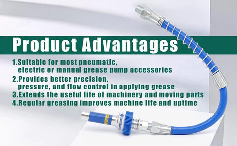 Grease gun coupler with blue flexible hose and metal fittings, lock-on high-pressure design (Amazon).
