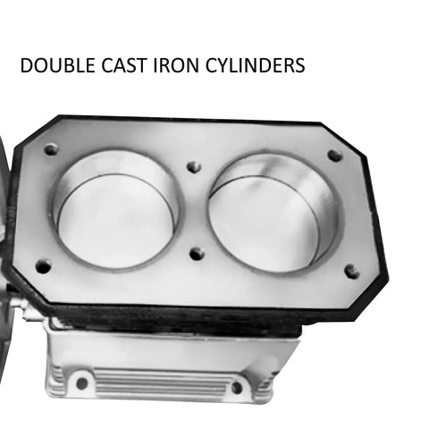 Double cast iron cylinders of Beefy 3HP Industrial Air Compressor With 11 CFM Output, 1300 RPM Twin Cylinder Aluminum Head