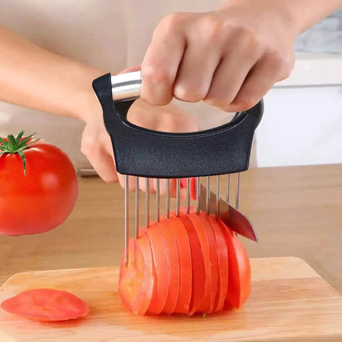 5 Blade Herb Scissors And Kitchen Shears Set For Herb Cutting Seafood Scissors Onion Holder Slicer in use slicing tomato on board