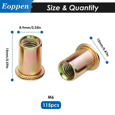 M6 Rivet Nuts Kit 115 Pcs Zinc Plated Carbon Steel Flat Head Threaded Inserts For Furniture Auto Marine And Decoration