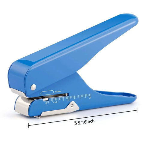 Side view of blue handheld badge slot punch for PVC ID cards, business cards, name tags, and luggage tags with 19/32 by 5/32 inch hole.