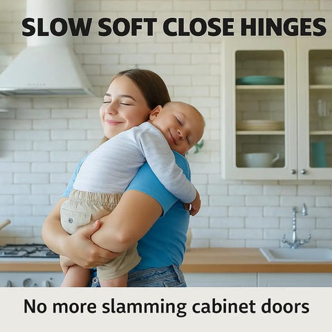 Woman holding baby in a kitchen setting, illustrating the safety of Full Overlay European Soft Close Cabinet Hinges For Kitchen Cabinets 20 Pieces 105 Degree Frameless Concealed Cabinet Door Hinge Six Way Adjustable Clip On Plate For Easy Installation DecoBasics