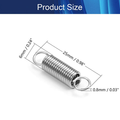 Stainless steel dual-hook tension spring, 0.03 in wire, 0.24 in outer diameter, 0.98 in free length