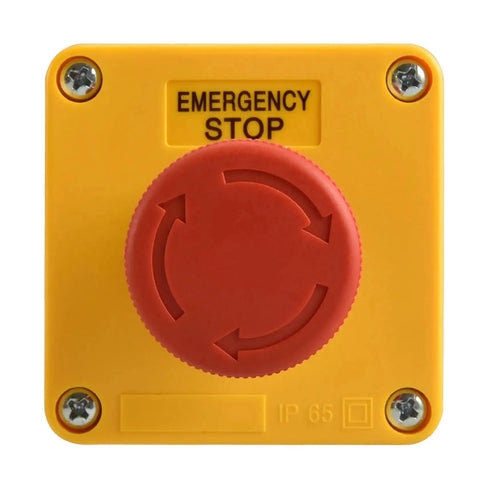 Front view of Industrial Red Mushroom Emergency Stop Switch Station 1NO 1NC DPST Push Button Switch Latch Action 660V 10A Waterproof Box